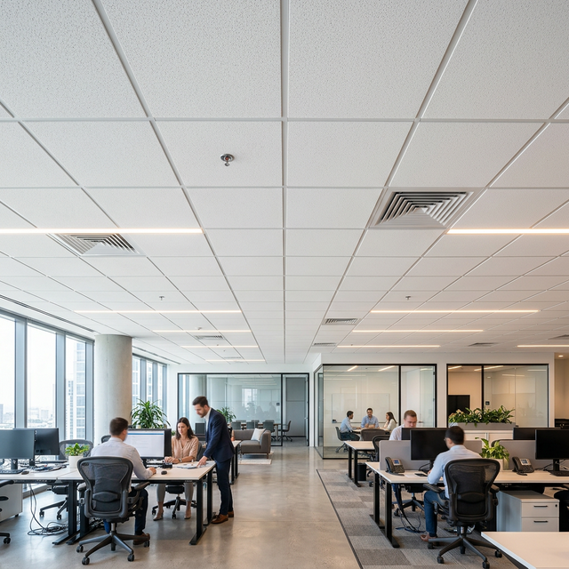 Equipo de profesionales trabajando en instalación de techo desmontable